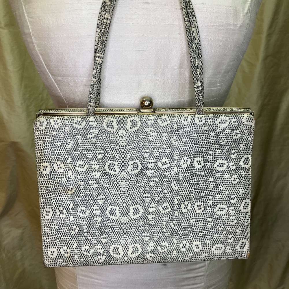 Vintage Cream and Black Structured Reptile Handbag